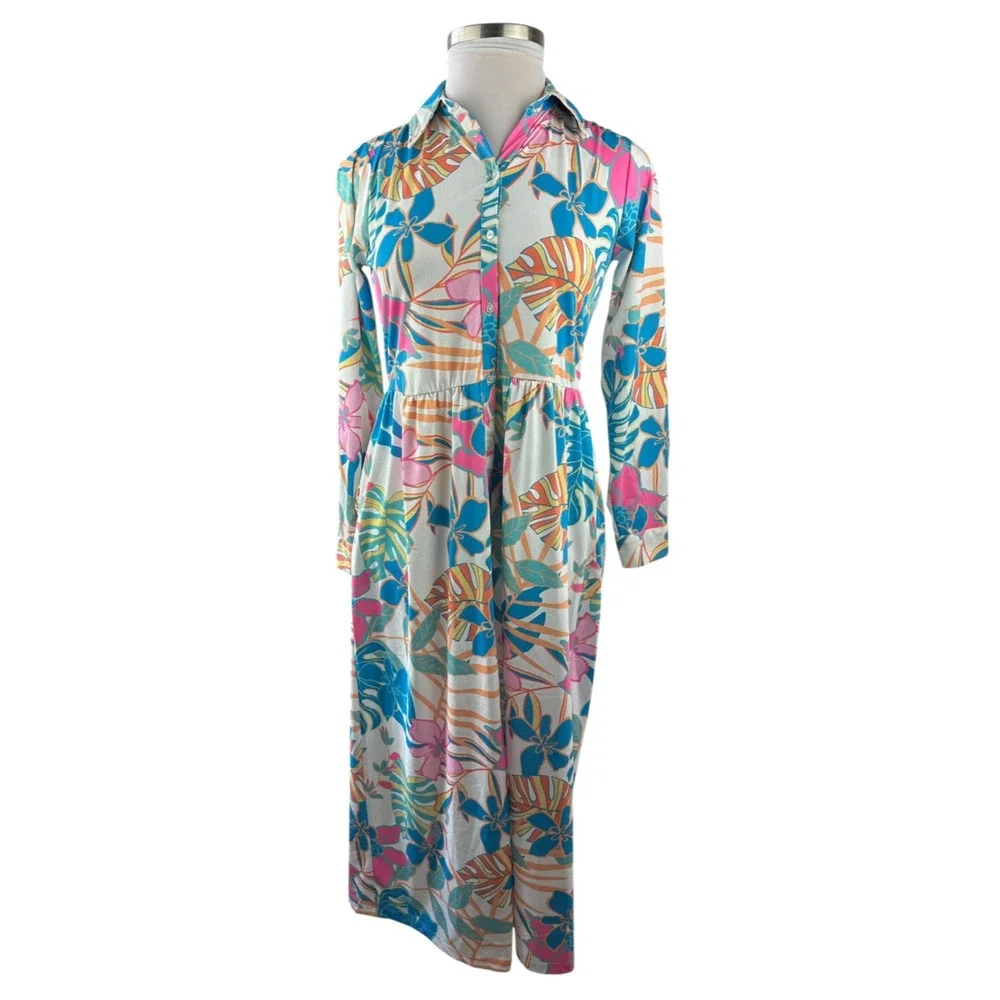 Tolani Long Sleeve Collared Maxi Dress W/ Pockets Tropical Print XS Oversized - Picture 3 of 14